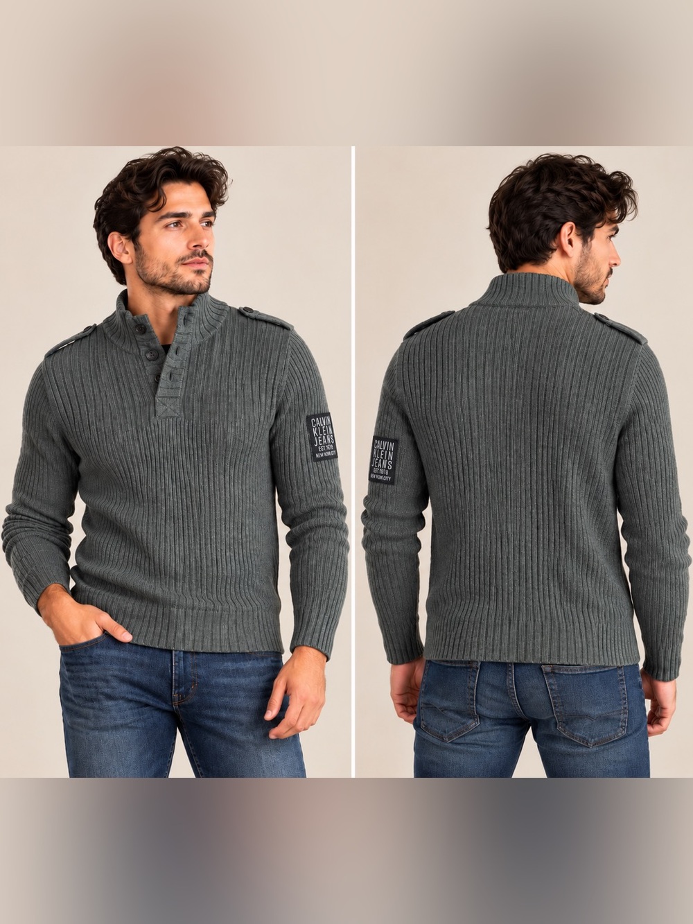 Calvin Klein Jeans Ribbed Mock Neck Sweater XL Gray